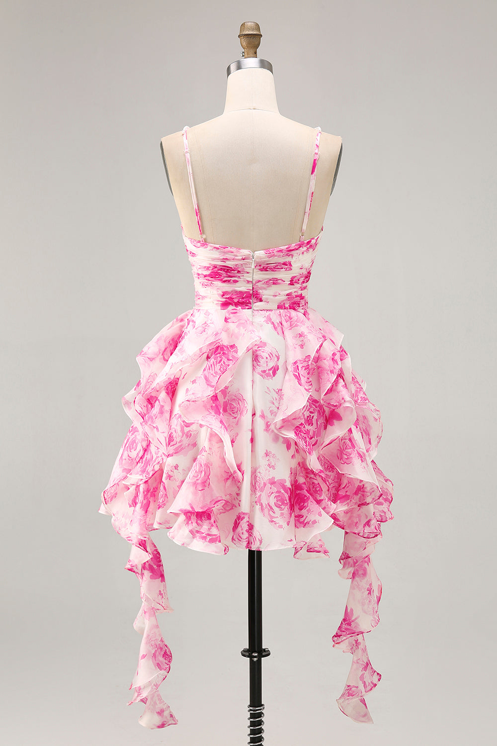 White Fuchsia Flower Halter Tiered Printed Homecoming Dress