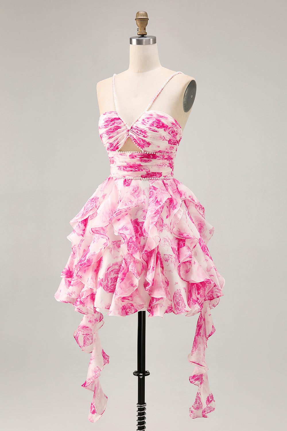 White Fuchsia Flower Halter Tiered Printed Homecoming Dress