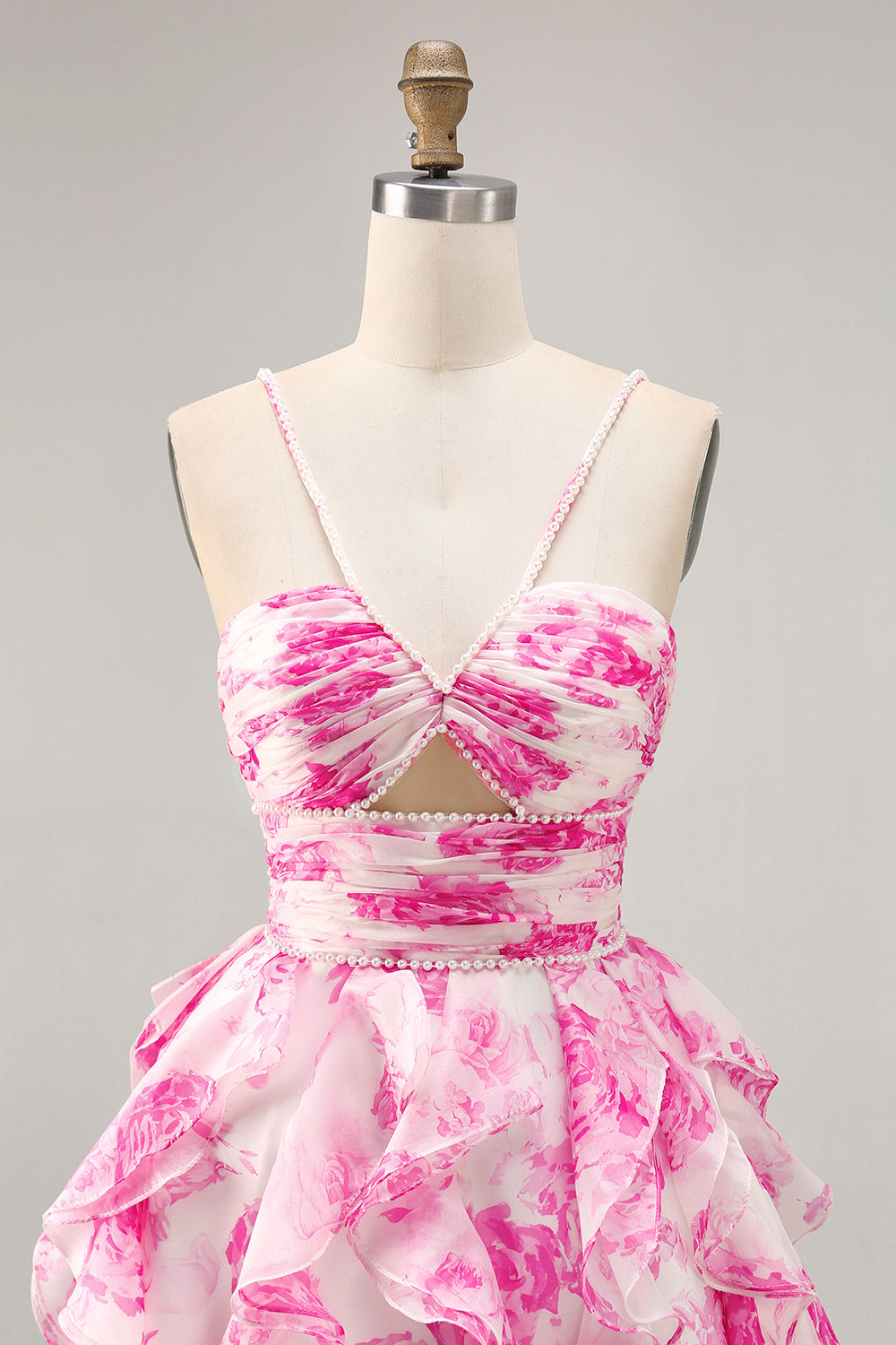 White Fuchsia Flower Halter Tiered Printed Homecoming Dress