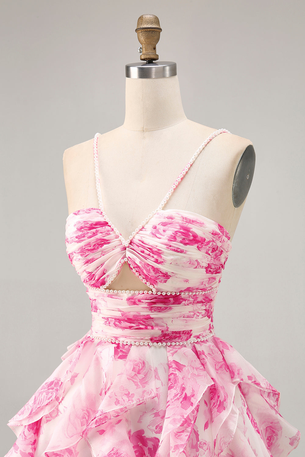 White Fuchsia Flower Halter Tiered Printed Homecoming Dress