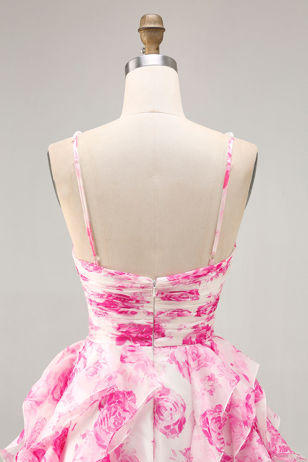 White Fuchsia Flower Halter Tiered Printed Homecoming Dress