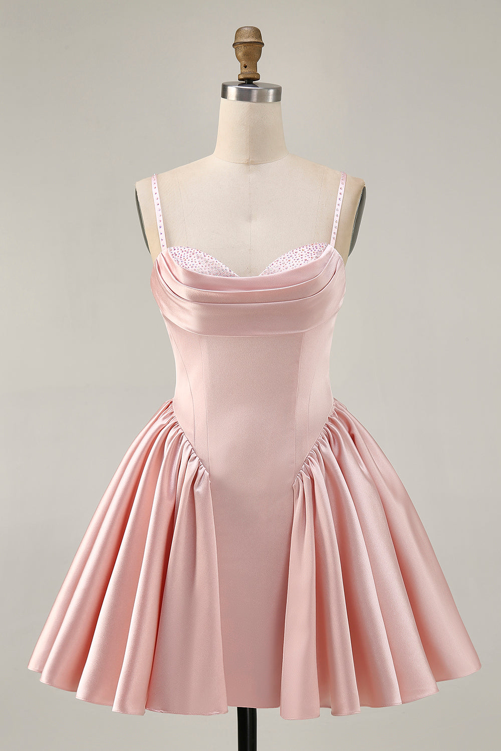 Blush Cowl Neck A-Line Spaghetti Straps Beaded Satin Homecoming Dress