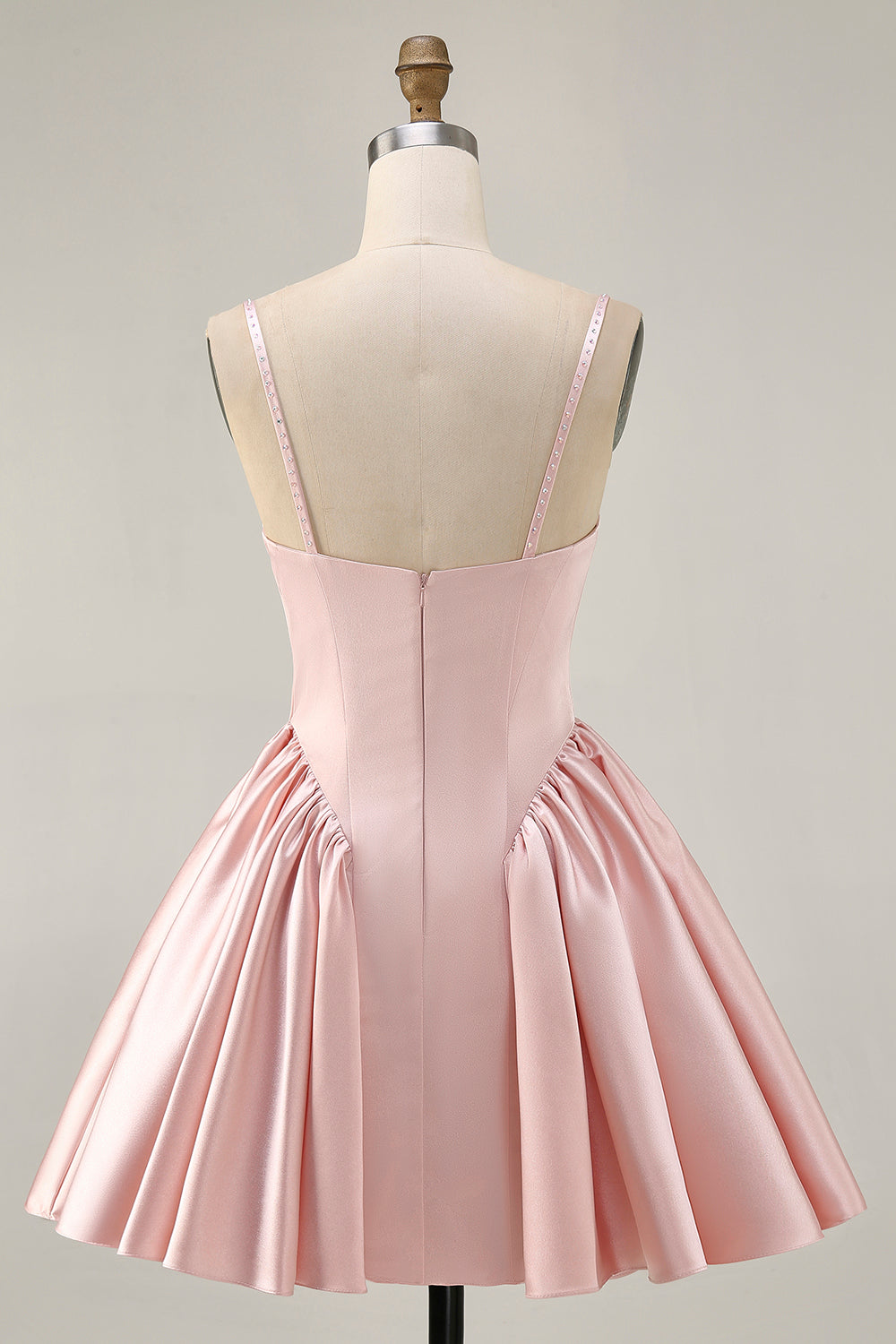 Blush Cowl Neck A-Line Spaghetti Straps Beaded Satin Homecoming Dress