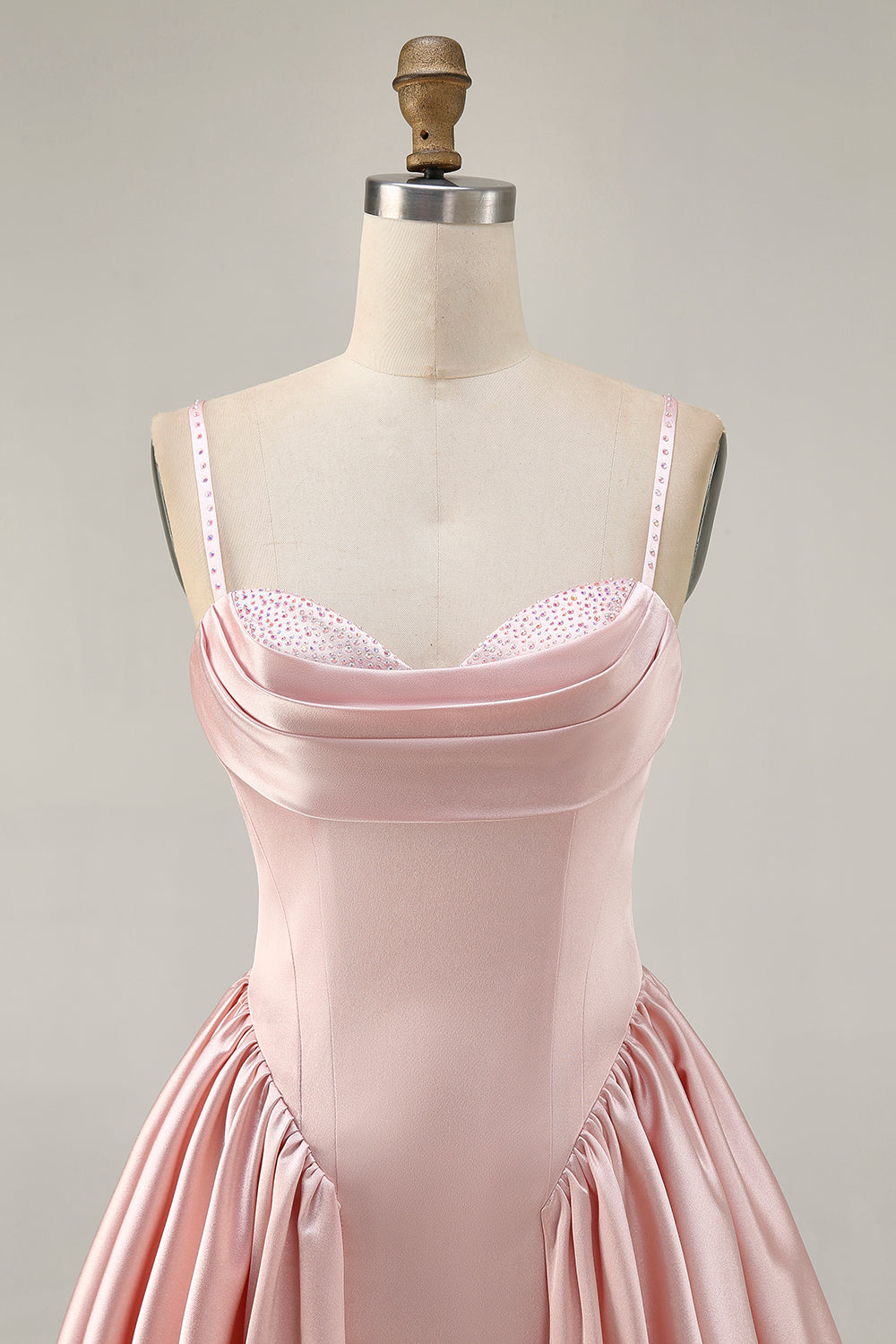 Blush Cowl Neck A-Line Spaghetti Straps Beaded Satin Homecoming Dress
