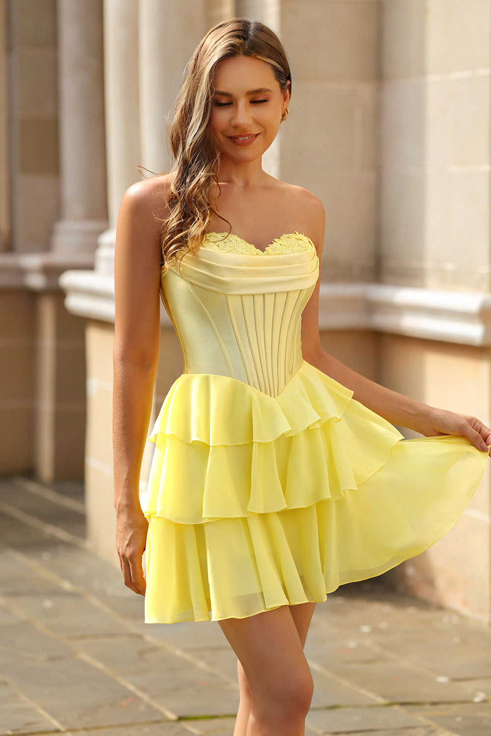 A Line Strapless Corset Tiered Short Homecoming Dress