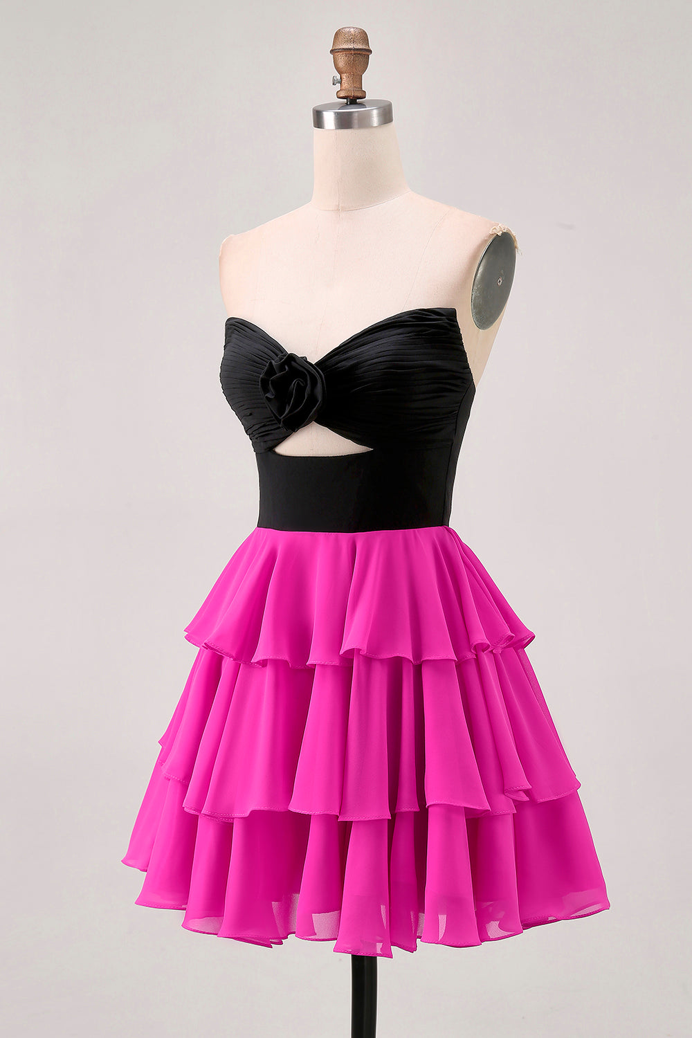 Black Fuchsia Tiered Strapless A Line Cut Out Homecoming Dress