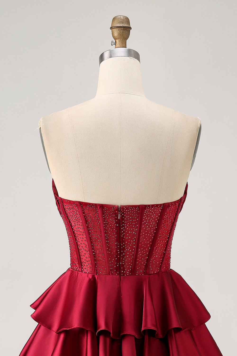 Strapless A Line Tiered Satin Burgundy Homecoming Dress