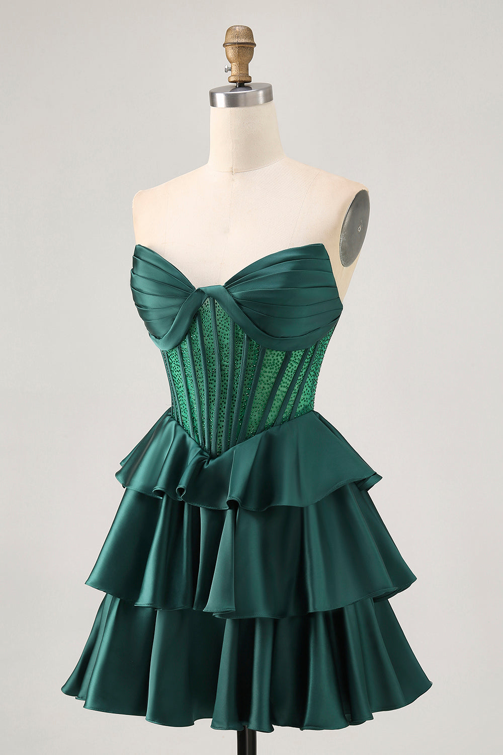 Green A-line Strapless Tiered Corset Beaded Homecoming Dress