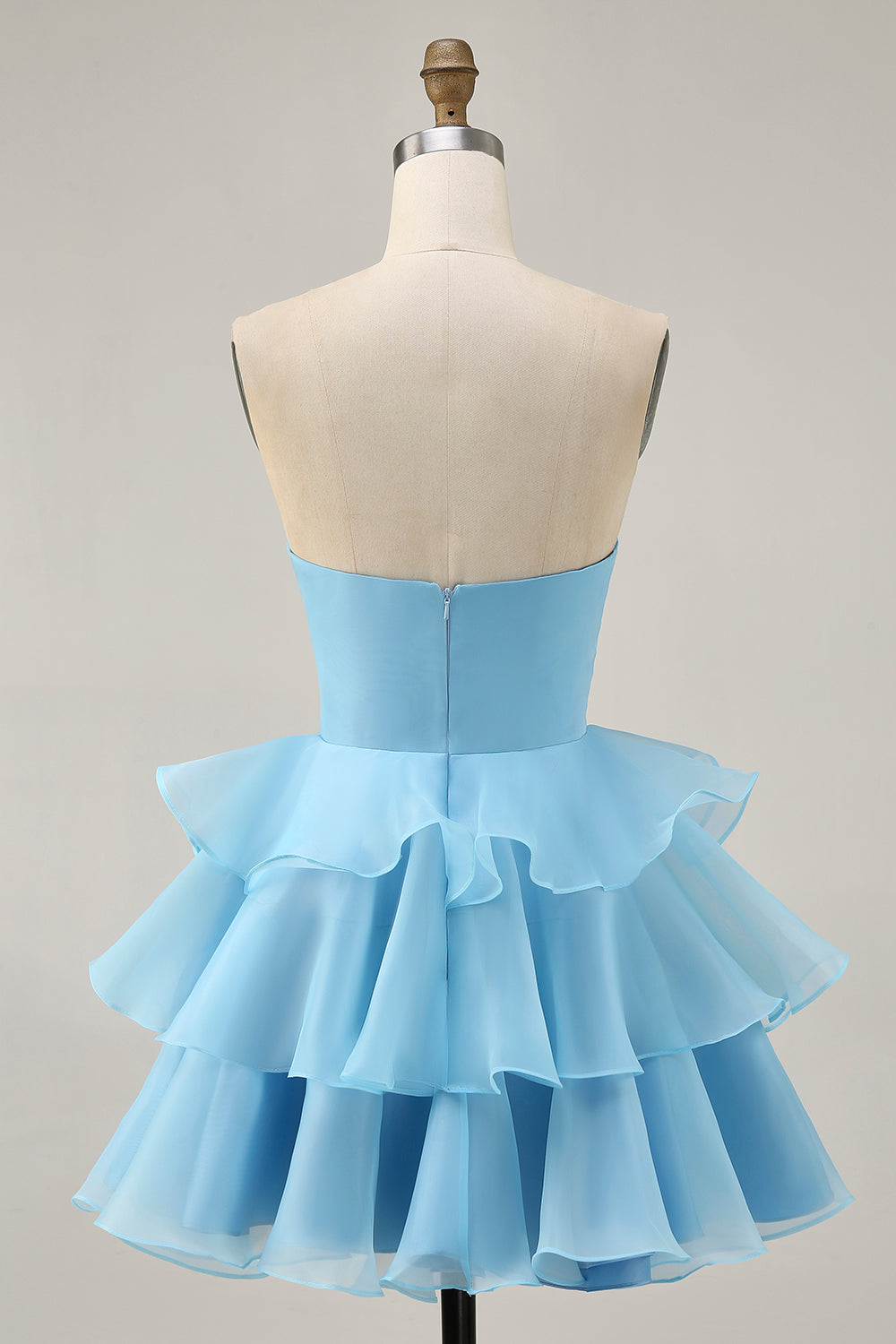 Cute A-Line Strapless Cut Out Blue Tiered Short Homecoming Dress
