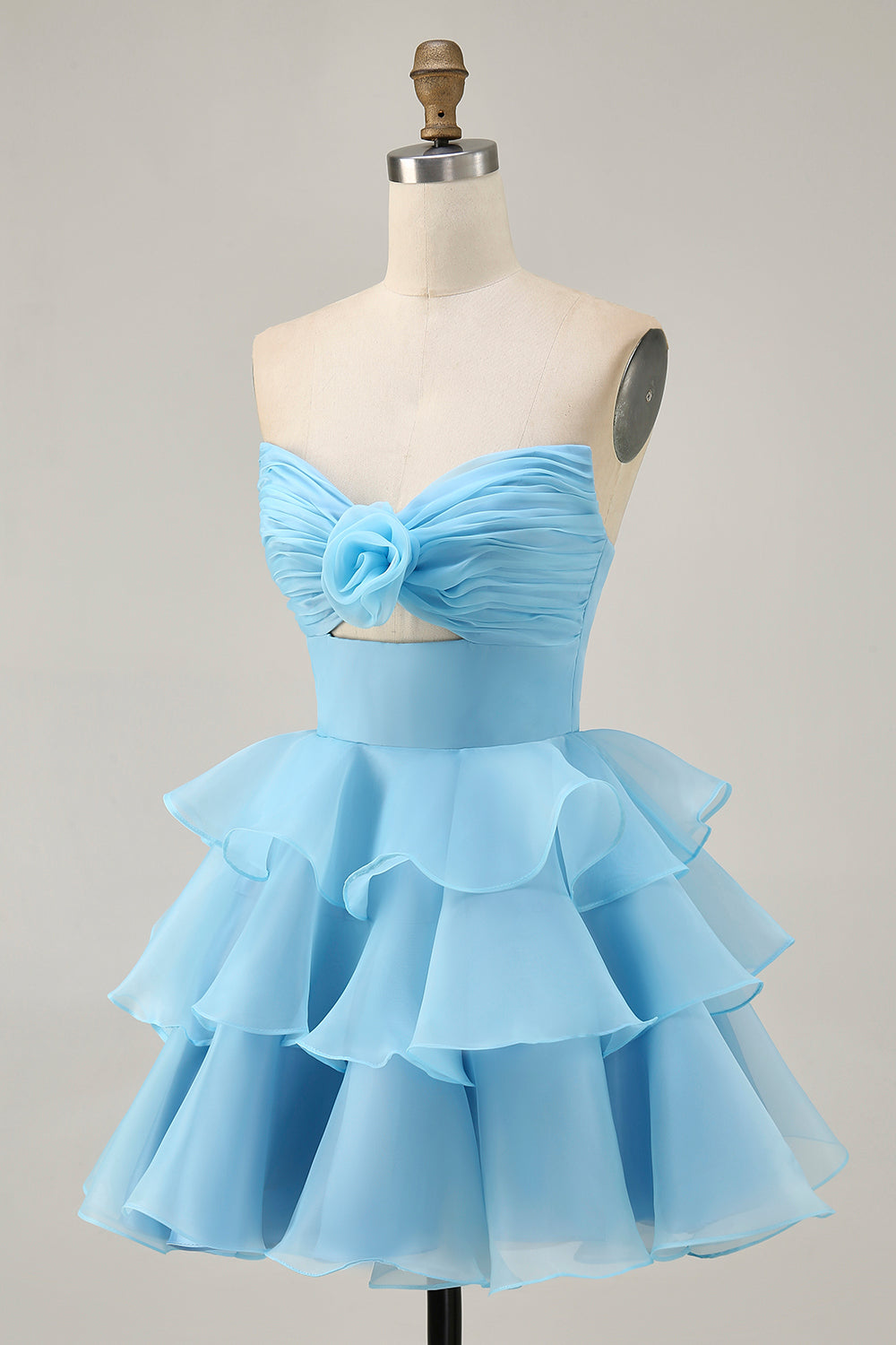 Cute A-Line Strapless Cut Out Blue Tiered Short Homecoming Dress
