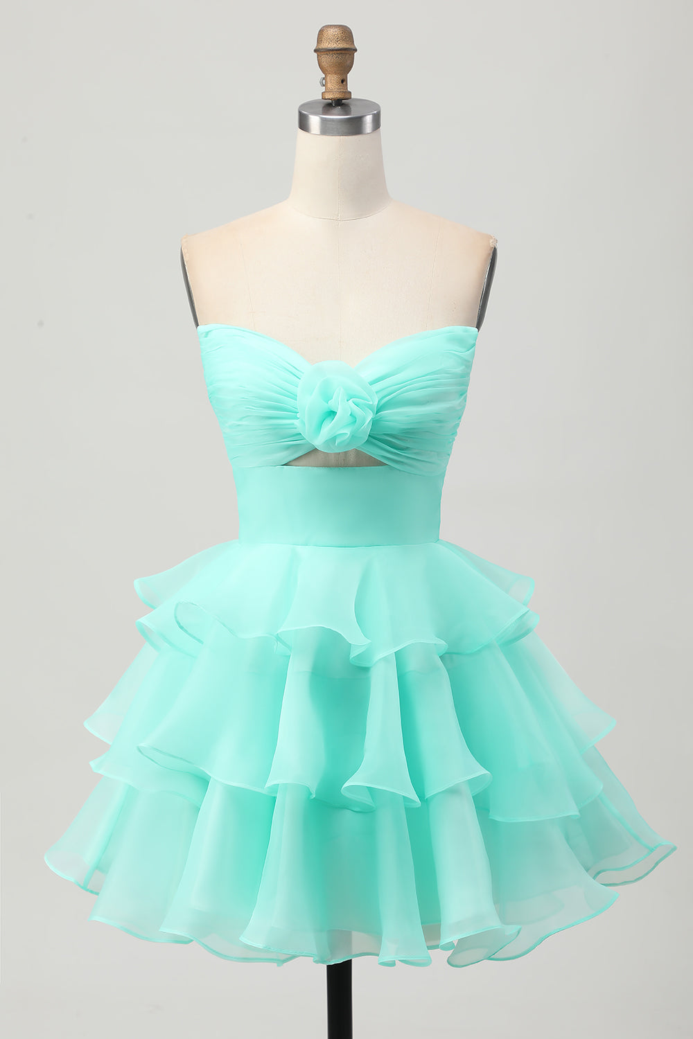 Cute A-Line Strapless Cut Out Blue Tiered Short Homecoming Dress