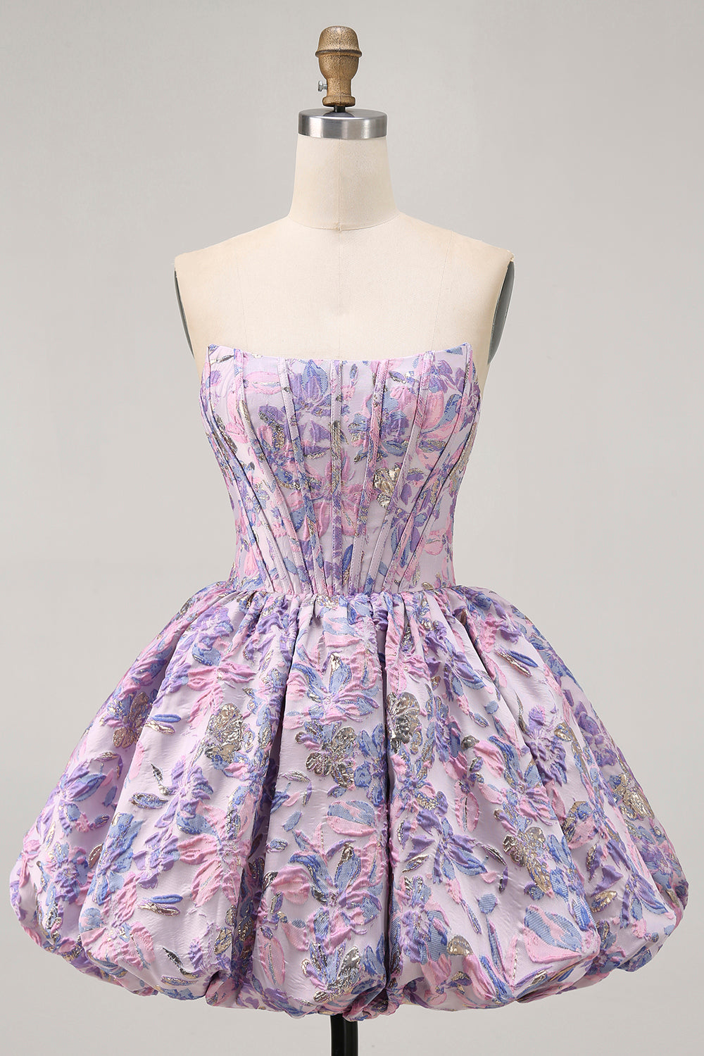 Strapless Floral Brocade A Line Purple Corset Short Homecoming Dress