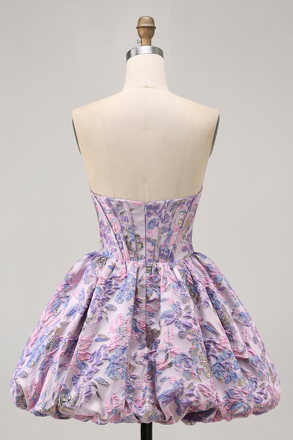 Strapless Floral Brocade A Line Purple Corset Short Homecoming Dress