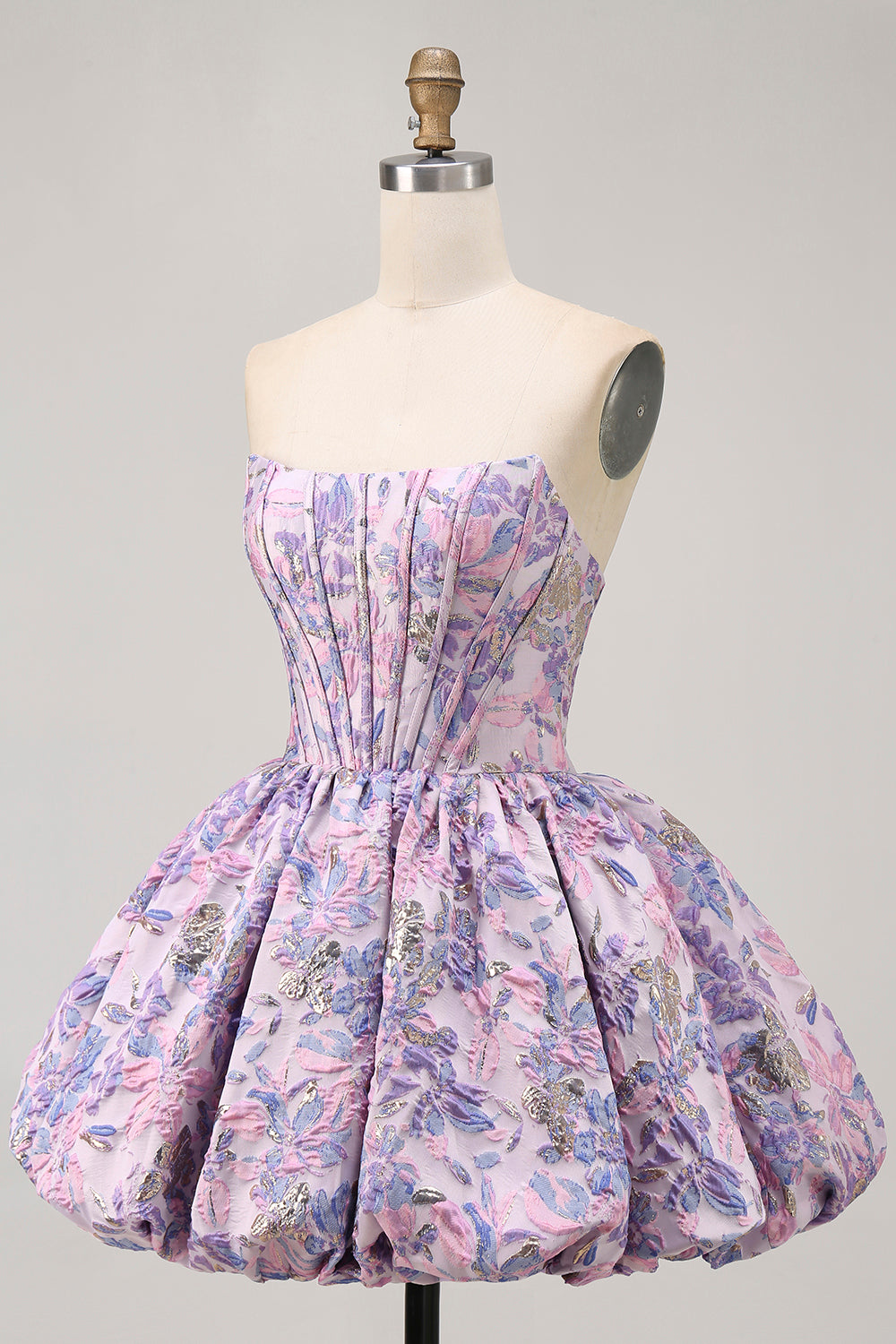 Strapless Floral Brocade A Line Purple Corset Short Homecoming Dress