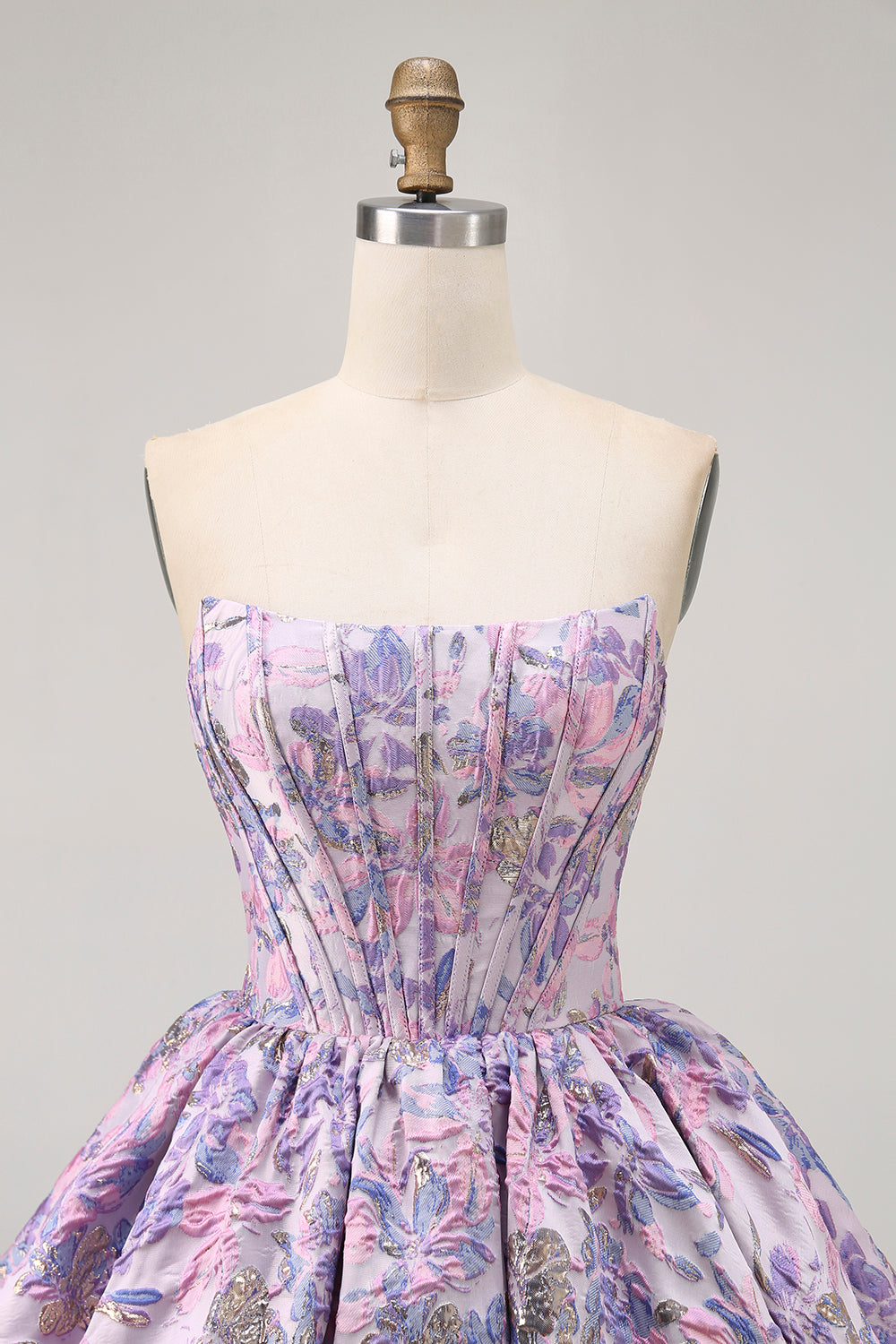 Strapless Floral Brocade A Line Purple Corset Short Homecoming Dress
