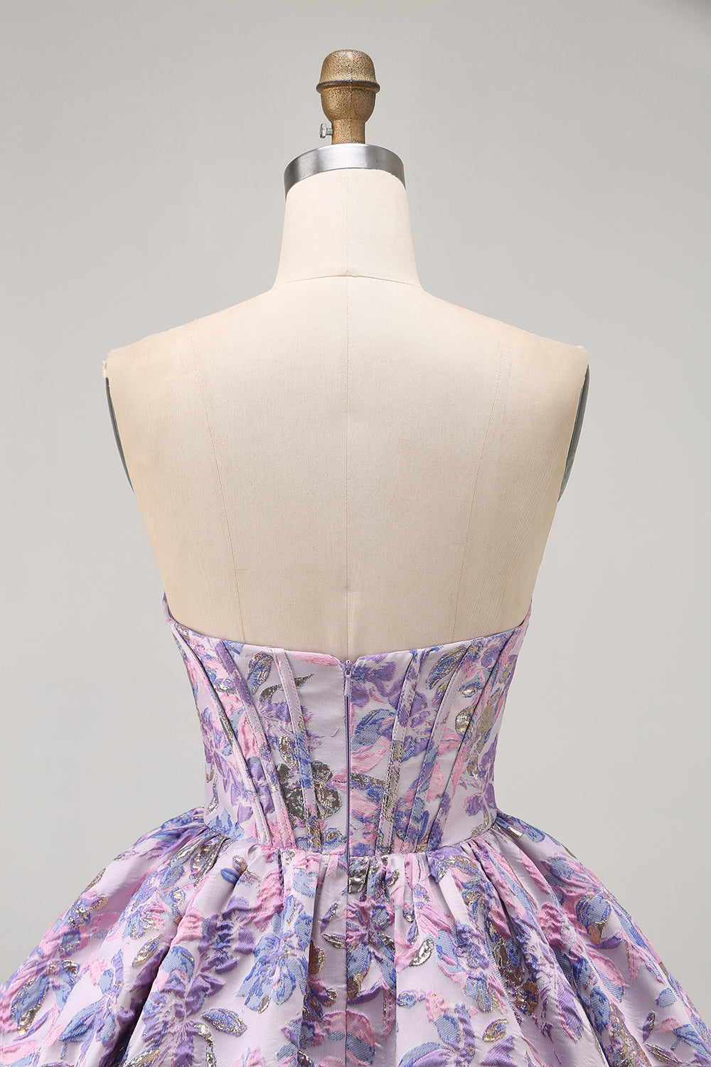 Strapless Floral Brocade A Line Purple Corset Short Homecoming Dress