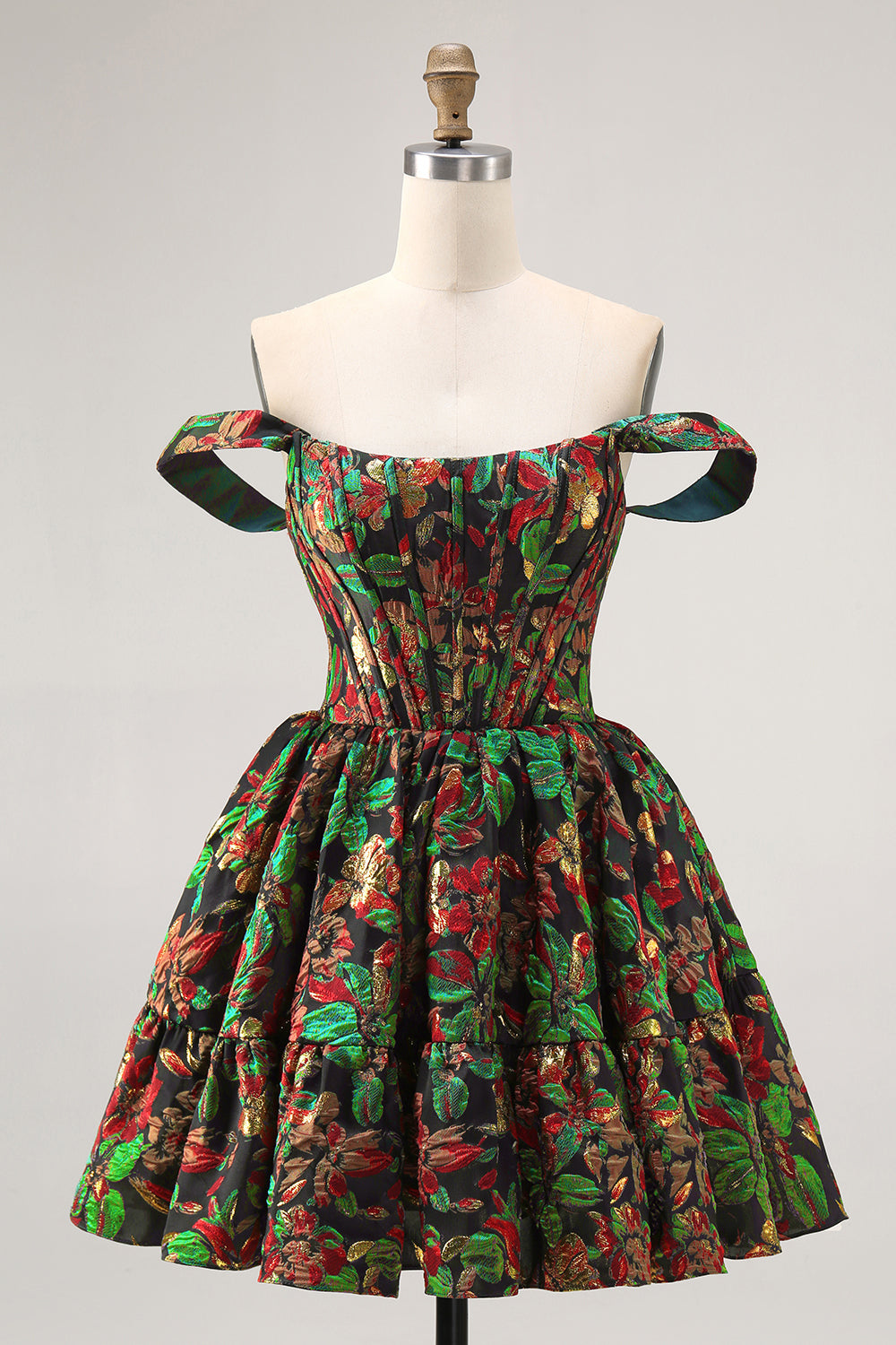 Off The Shoulder Dark Green Brocade Floral A Line Printed Homecoming Dress