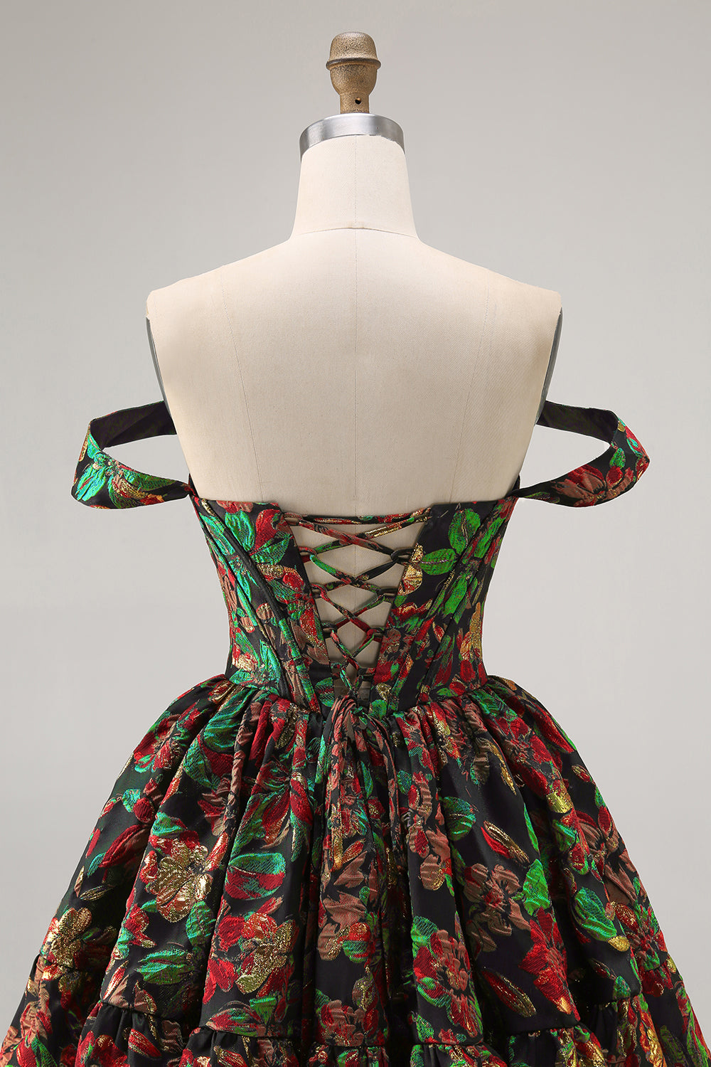 Off The Shoulder Dark Green Brocade Floral A Line Printed Homecoming Dress