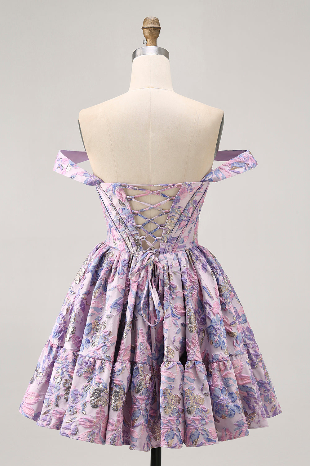Off The Shoulder Brocade Floral A Line Printed Purple Homecoming Dress
