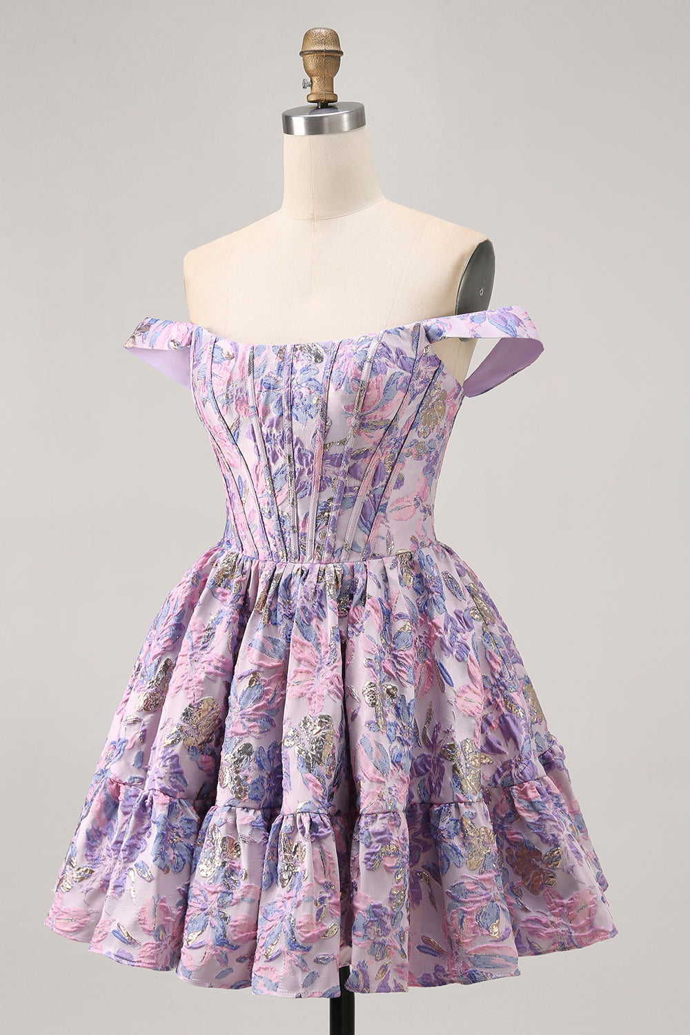 Off The Shoulder Brocade Floral A Line Printed Purple Homecoming Dress