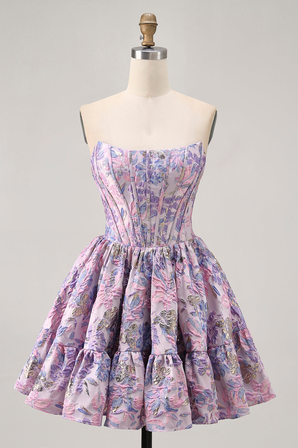 Off The Shoulder Brocade Floral A Line Printed Purple Homecoming Dress