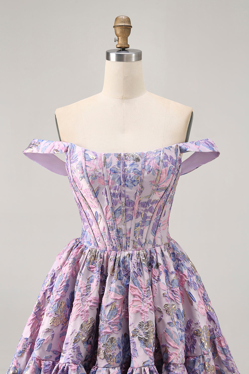Off The Shoulder Brocade Floral A Line Printed Purple Homecoming Dress