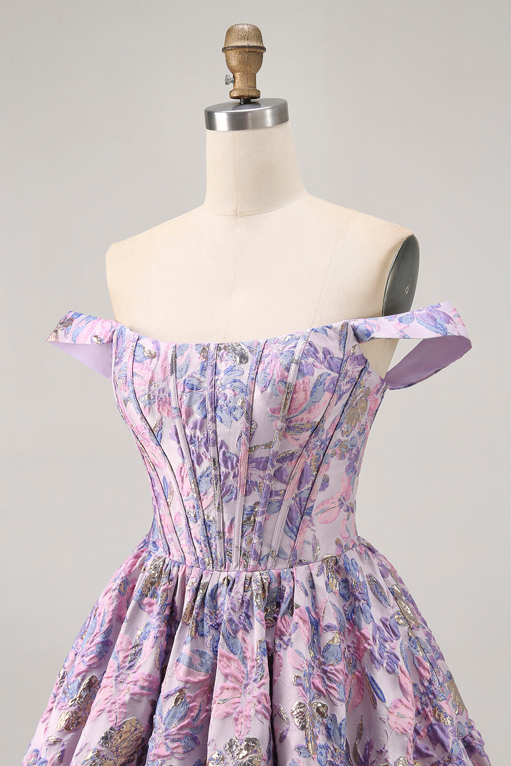 Off The Shoulder Brocade Floral A Line Printed Purple Homecoming Dress