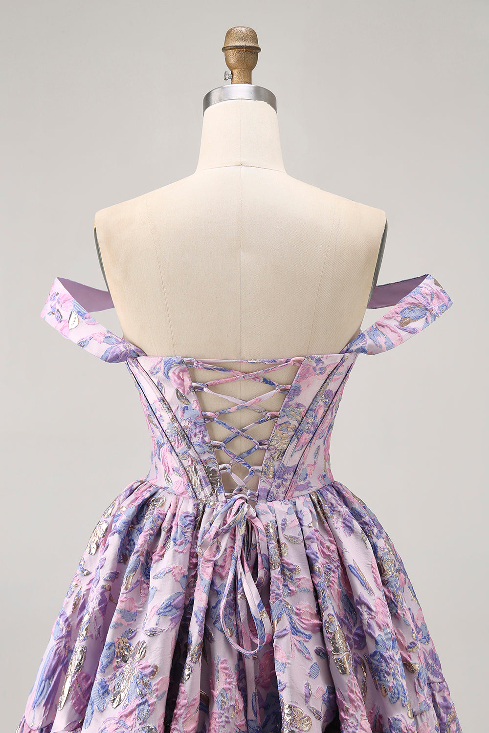 Off The Shoulder Brocade Floral A Line Printed Purple Homecoming Dress