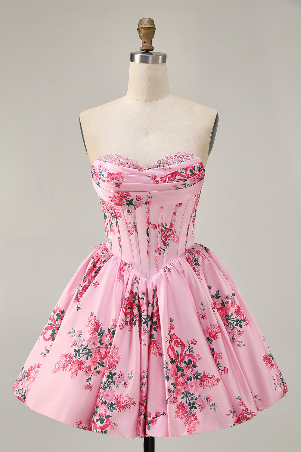 Pink Flower A-Line Strapless Printed Homecoming Dress with Beading