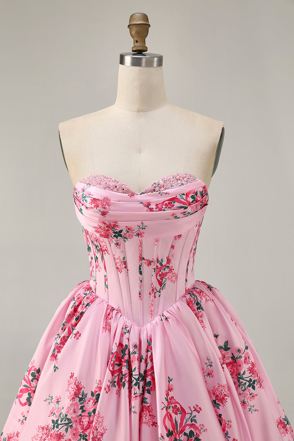 Strapless White Blue Flower A-Line Printed Homecoming Dress with Beading