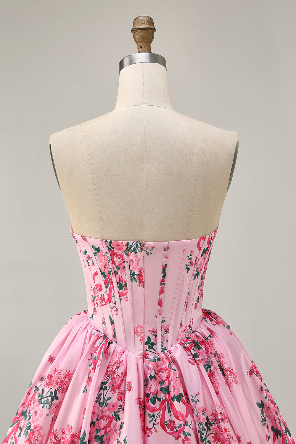 Pink Flower A-Line Strapless Printed Homecoming Dress with Beading