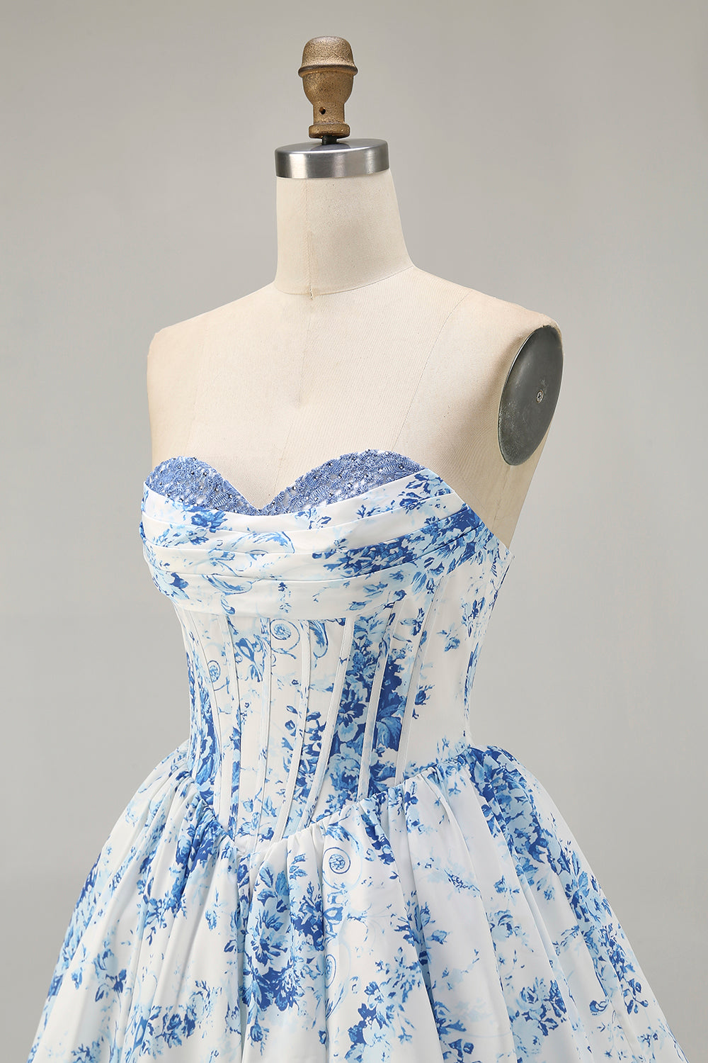 Strapless White Blue Flower A-Line Printed Homecoming Dress with Beading