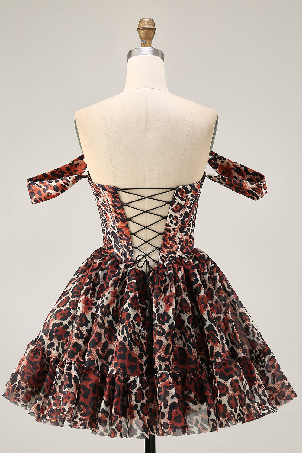 Khaki Leopard Off the Shoulder Corset A Line Mini Homecoming Dress
