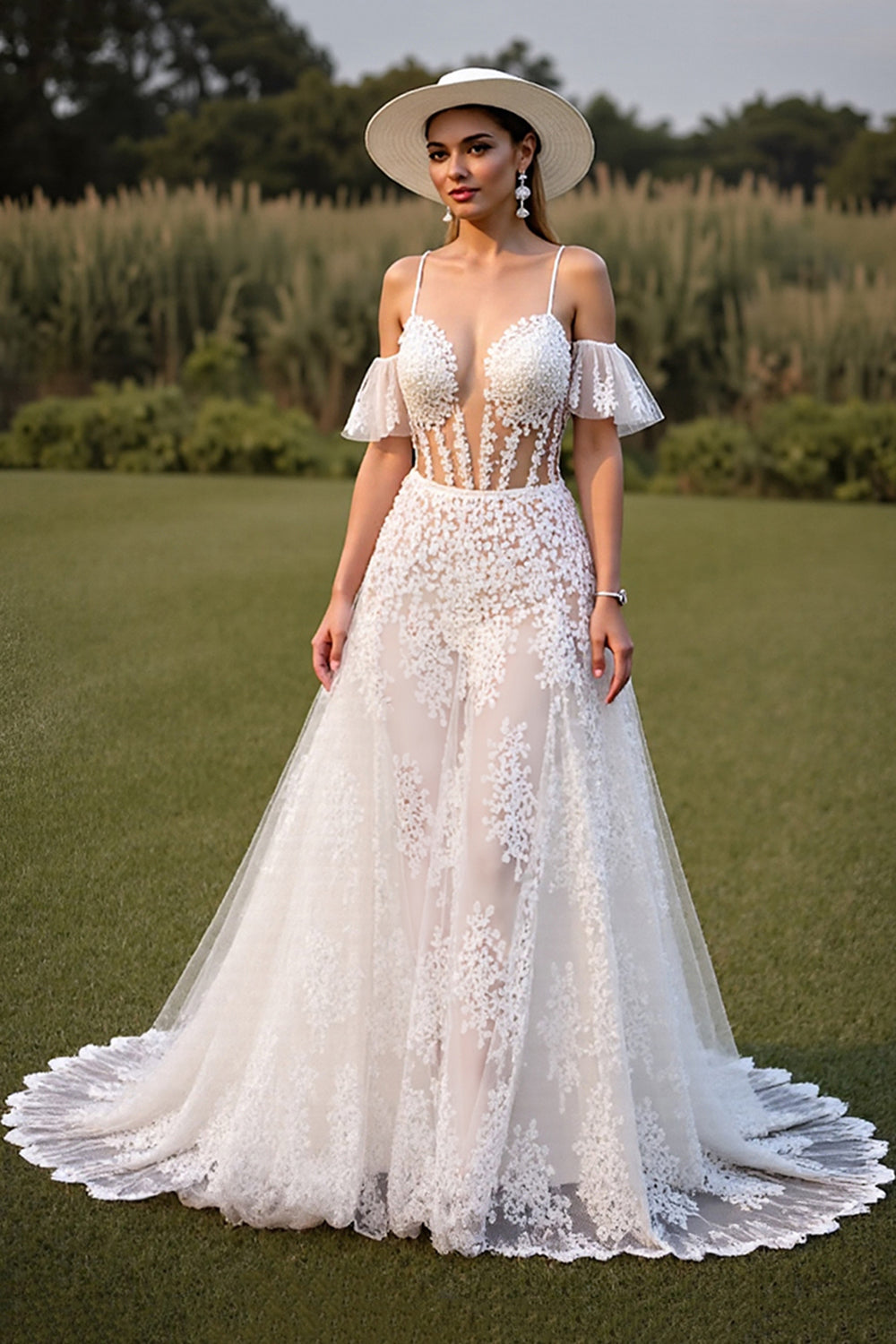 White Lace A Line Sweep Train Wedding Dress