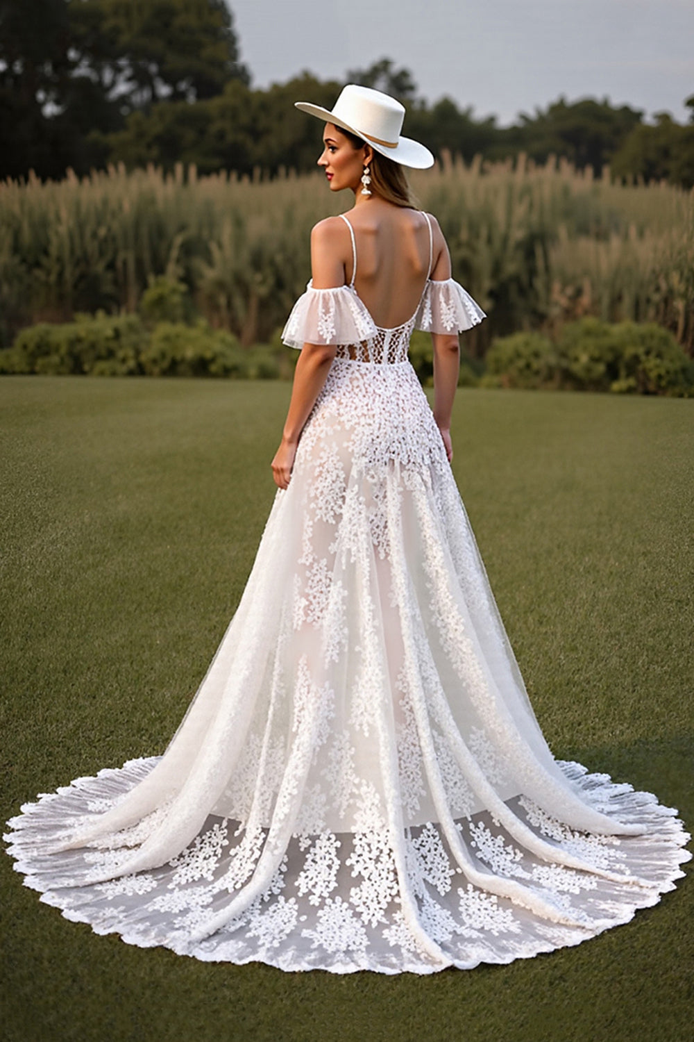White Lace A Line Sweep Train Wedding Dress