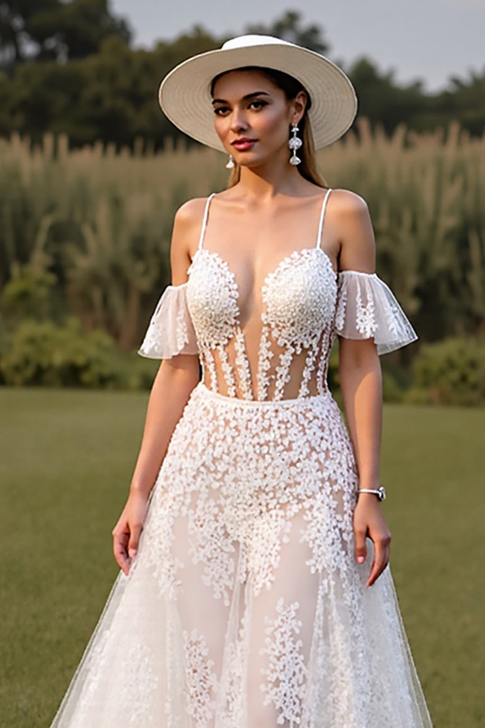 White Lace A Line Sweep Train Wedding Dress