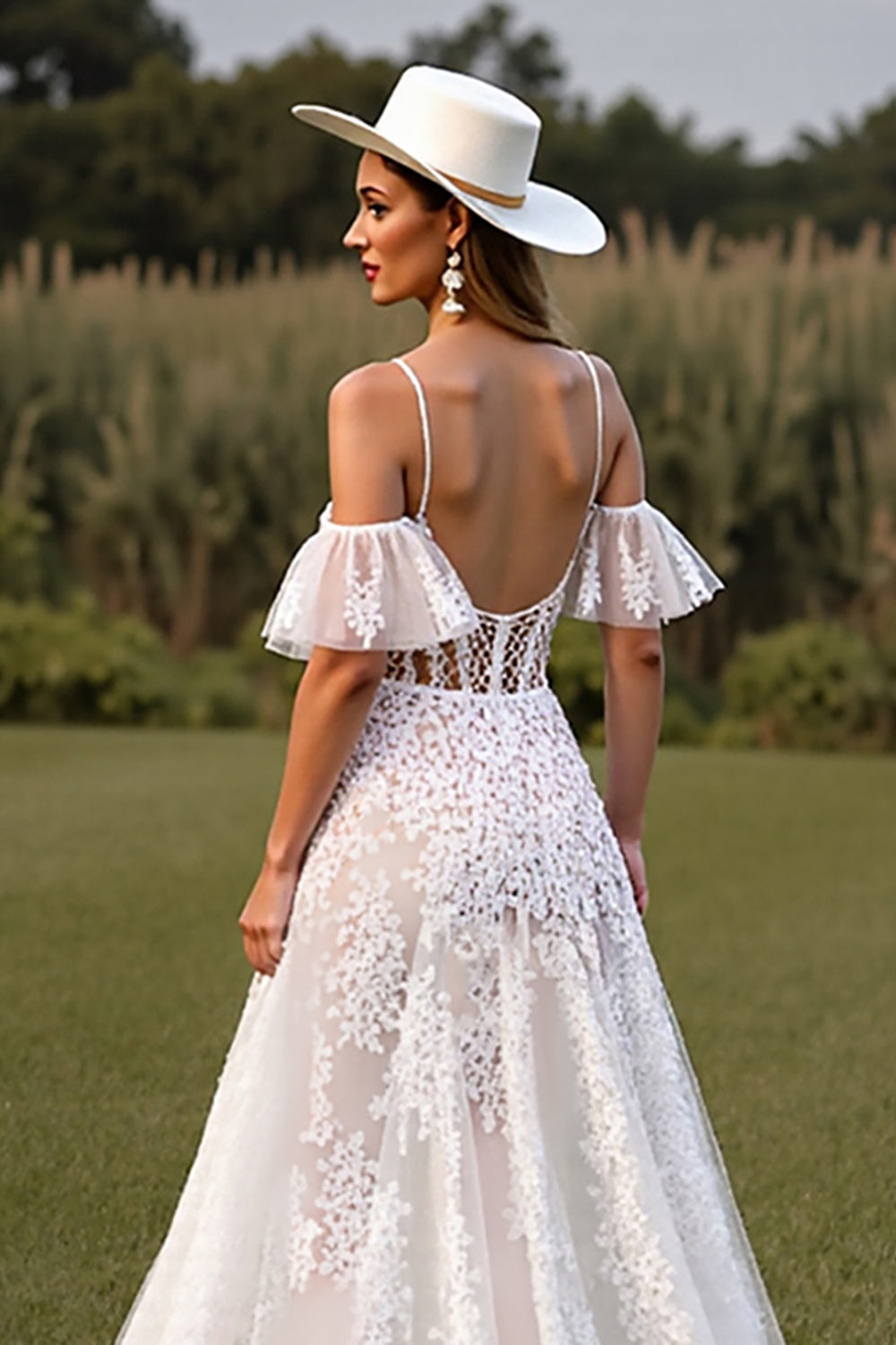 White Lace A Line Sweep Train Wedding Dress