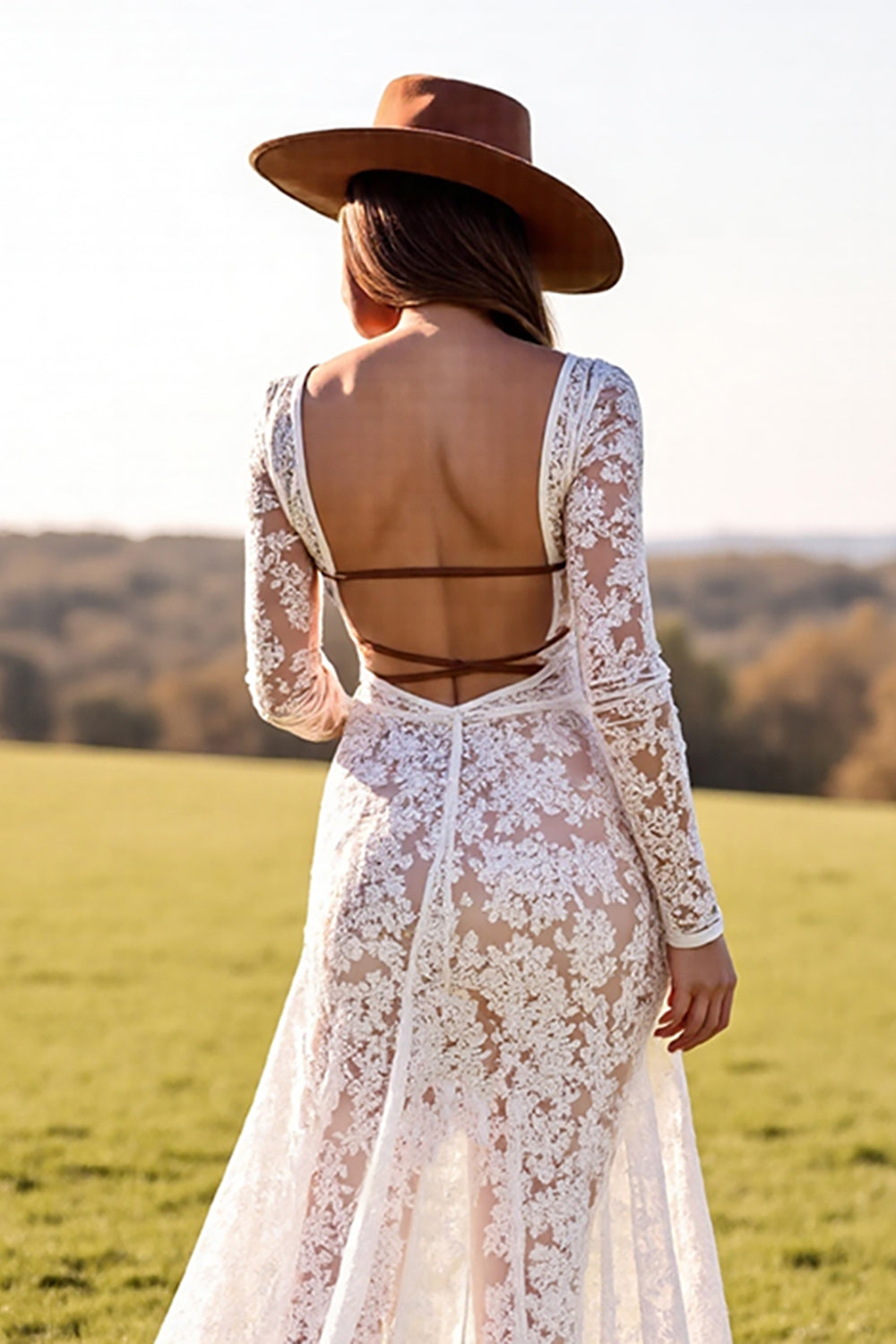 White Mermaid Lace Sweep Train Western Wedding Dress with Slit