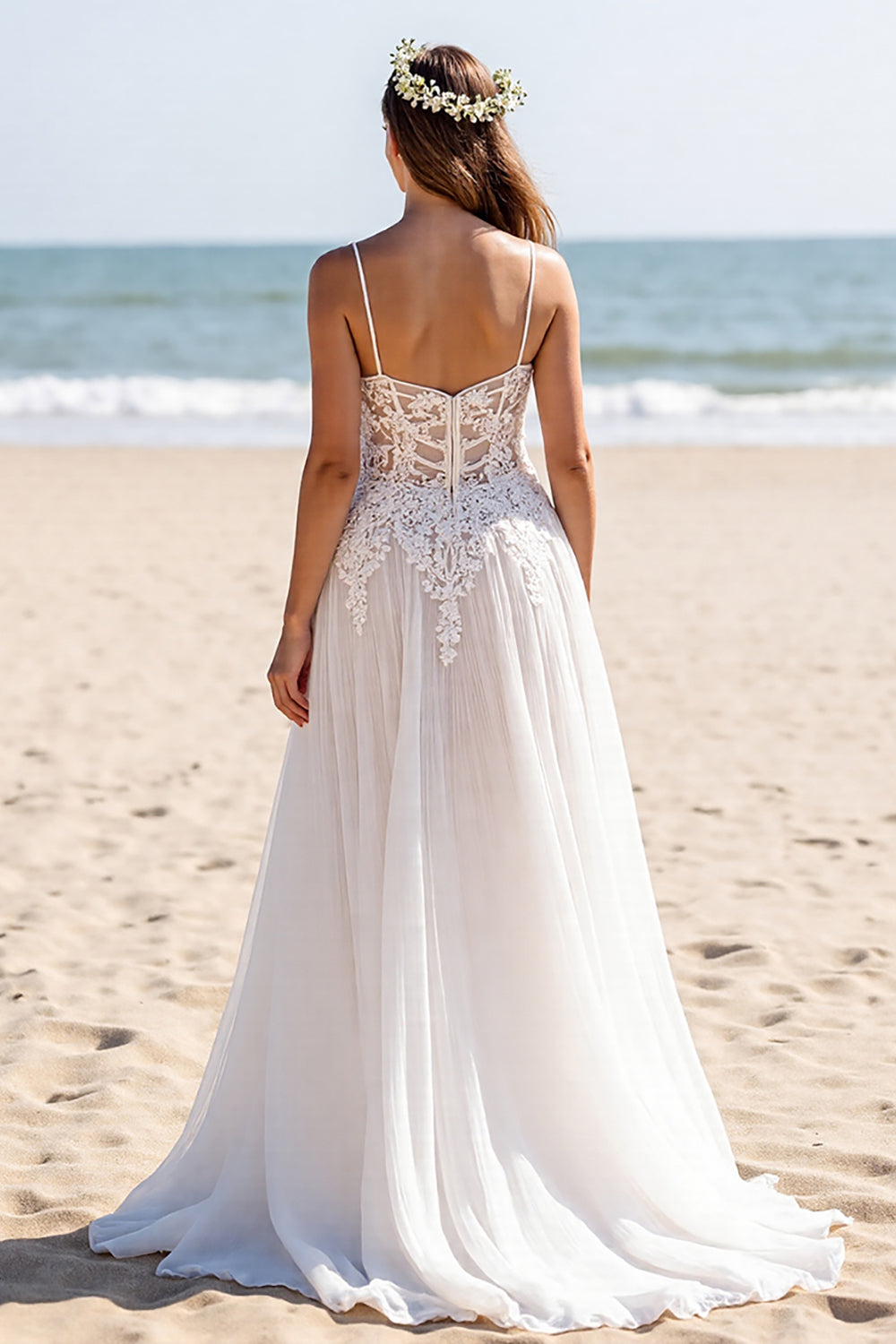 White A Line Chiffon Sweep Train Beach Wedding Dress with Lace