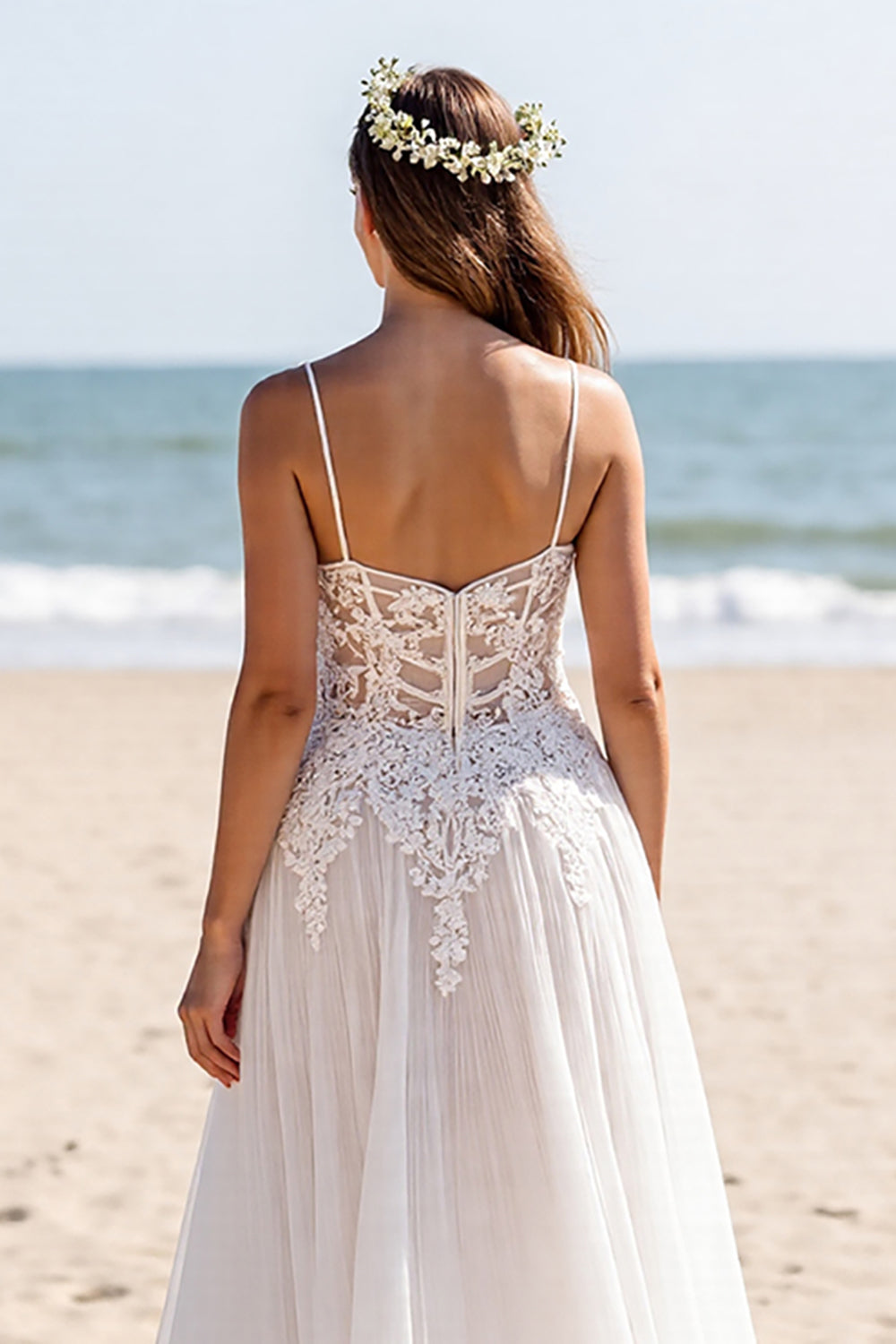 White A Line Chiffon Sweep Train Beach Wedding Dress with Lace