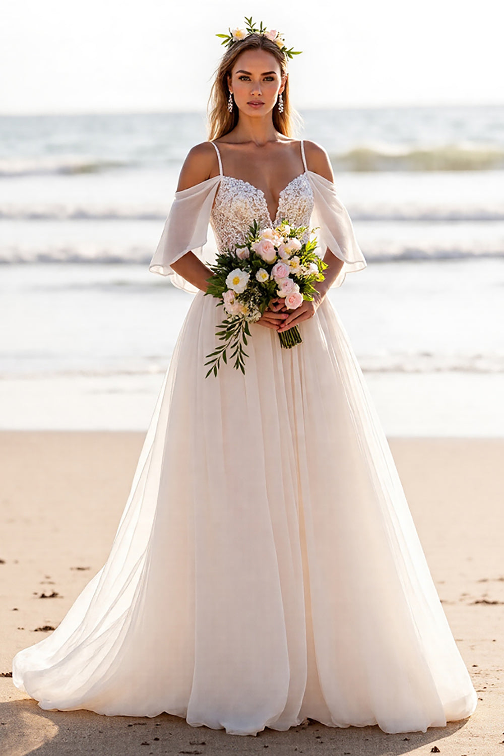 White Cold Shoulder A Line Beach Wedding Dress with Lace
