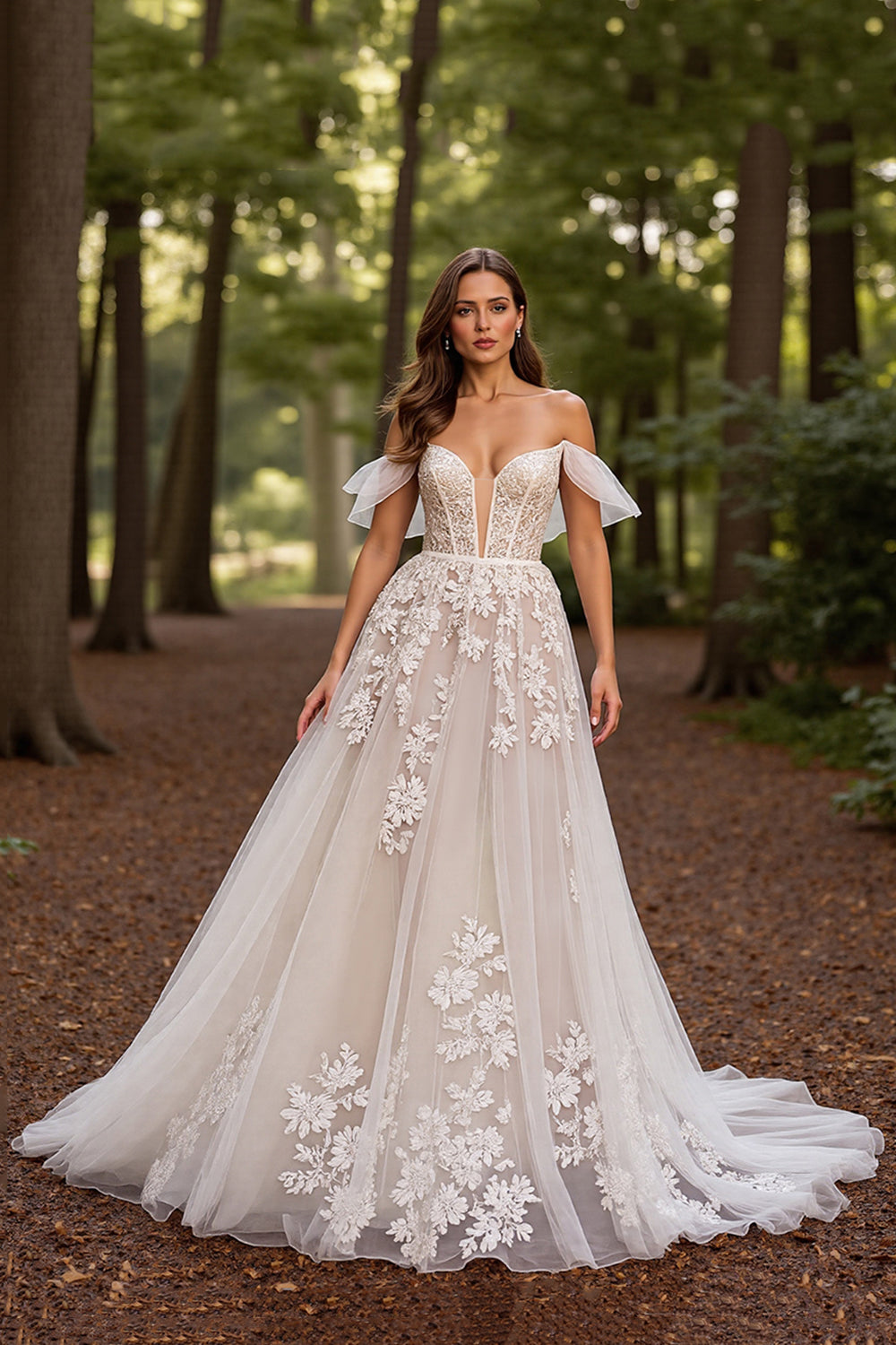 White Off the Shoulder A Line Appliqued Wedding Dress