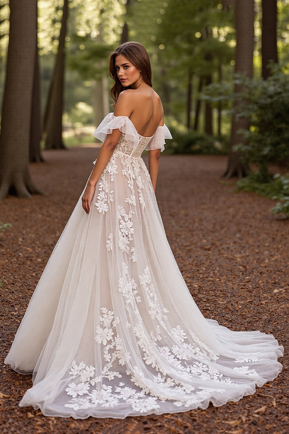 White Off the Shoulder A Line Appliqued Wedding Dress