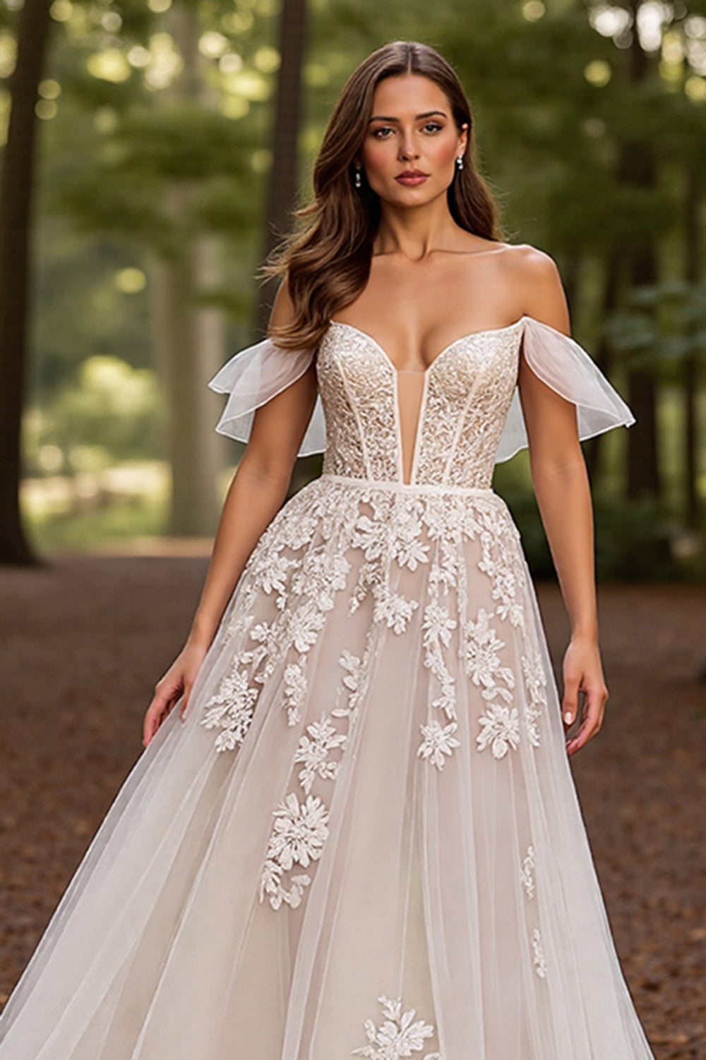 White Off the Shoulder A Line Appliqued Wedding Dress