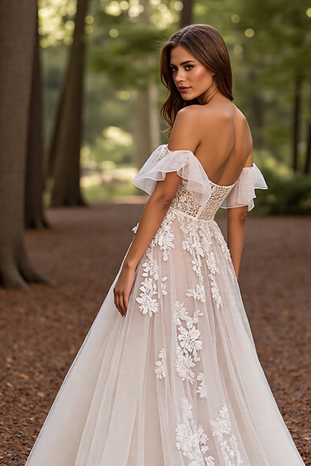 White Off the Shoulder A Line Appliqued Wedding Dress