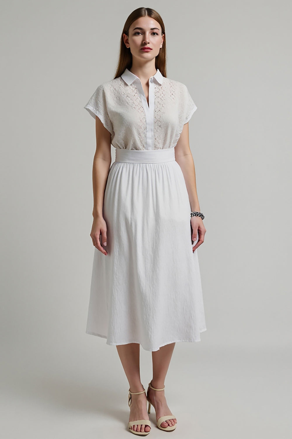 White A Line Collar Neck Midi Work Dress