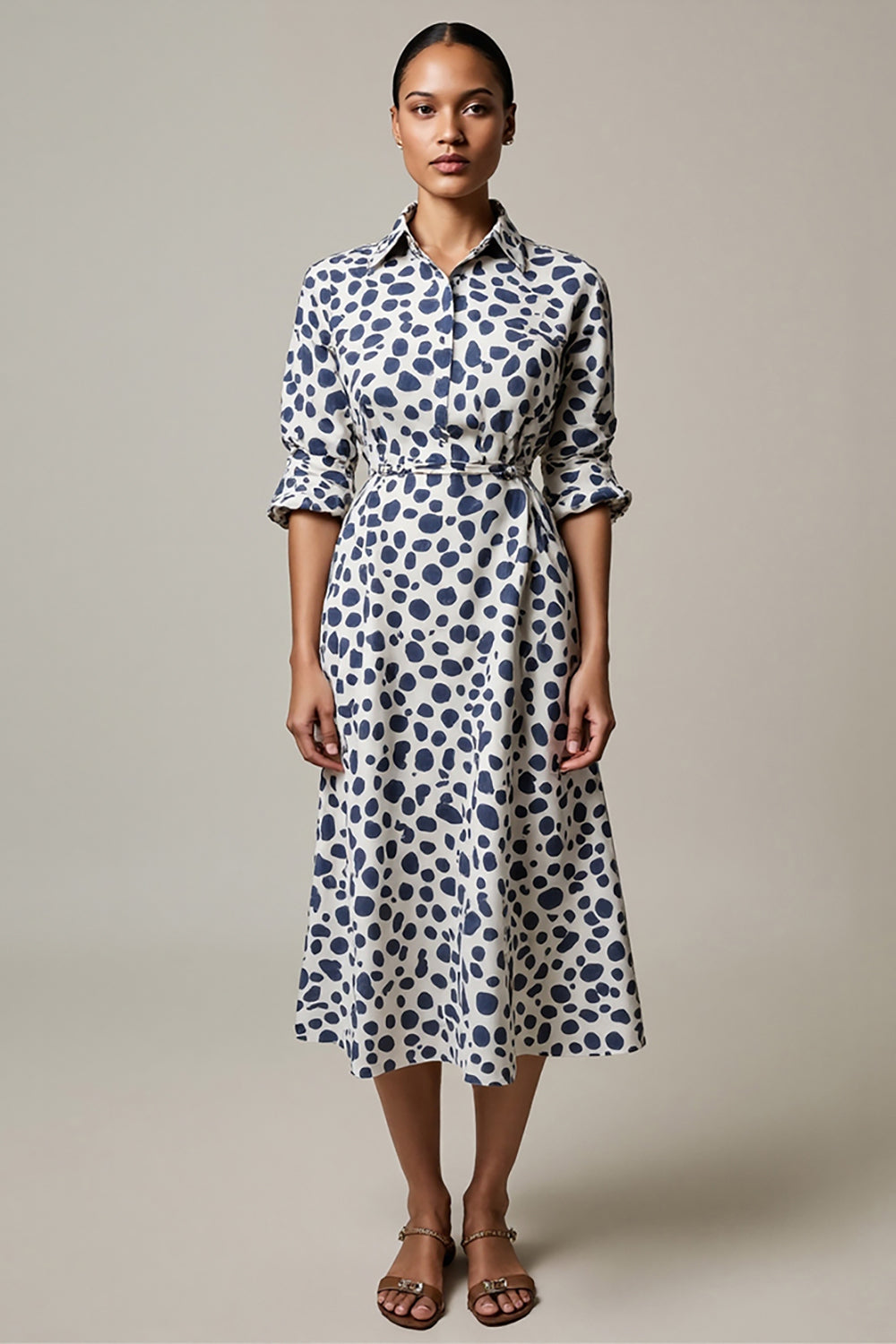 A Line White And Blue Leopard Printed Half Sleeves Long Work Dress