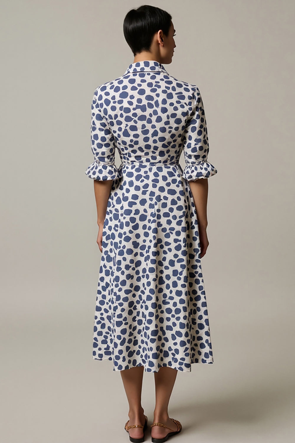 A Line White And Blue Leopard Printed Half Sleeves Long Work Dress