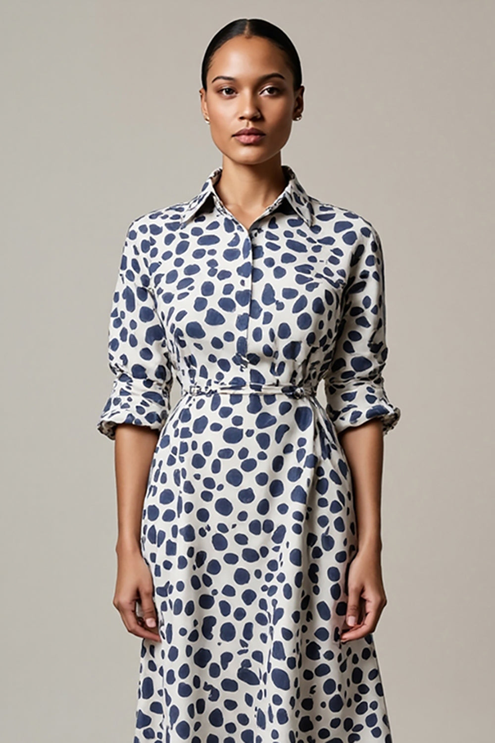 A Line White And Blue Leopard Printed Half Sleeves Long Work Dress