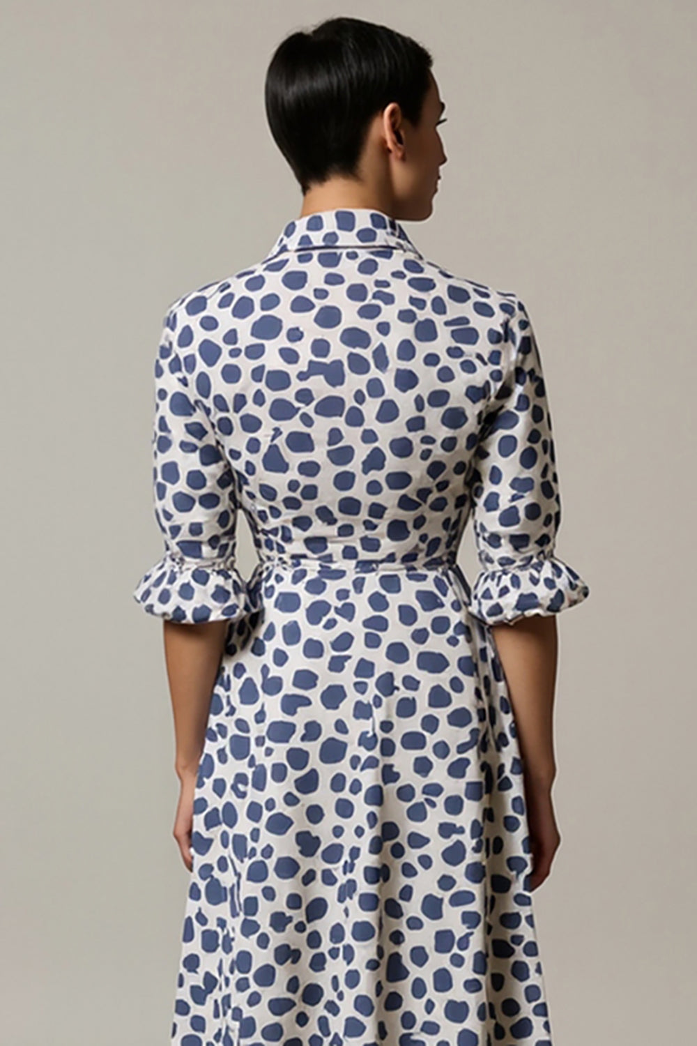 A Line White And Blue Leopard Printed Half Sleeves Long Work Dress
